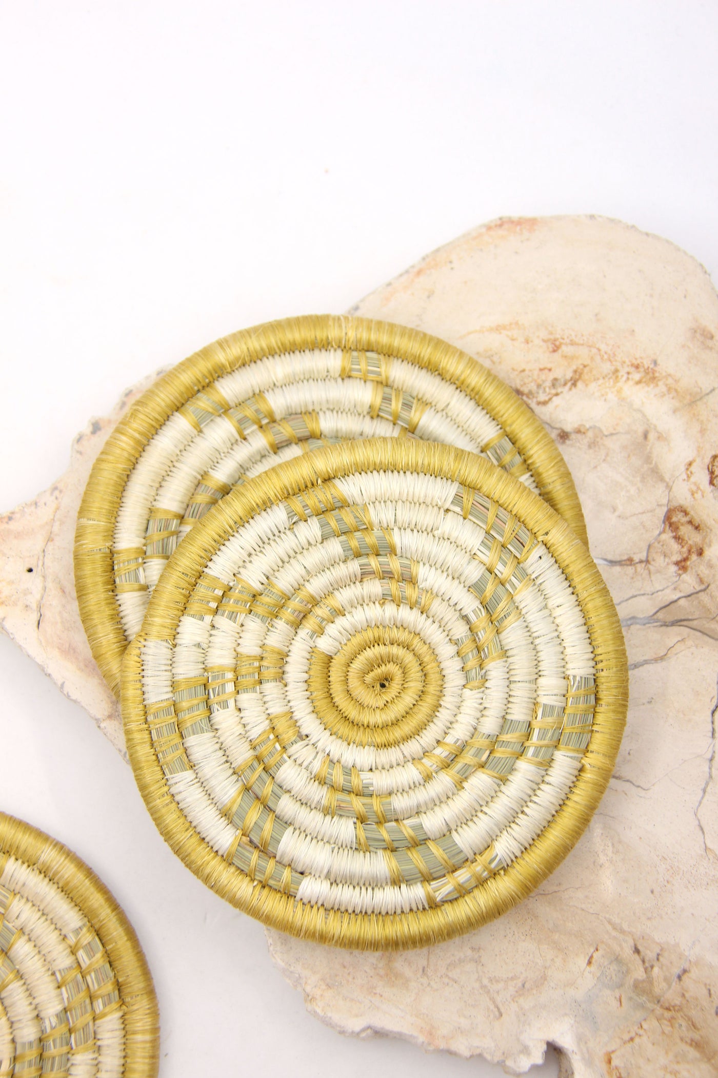 Golden & Tan Woven Coasters, Sisal & Sweetgrass, from Rwanda, Set of 4