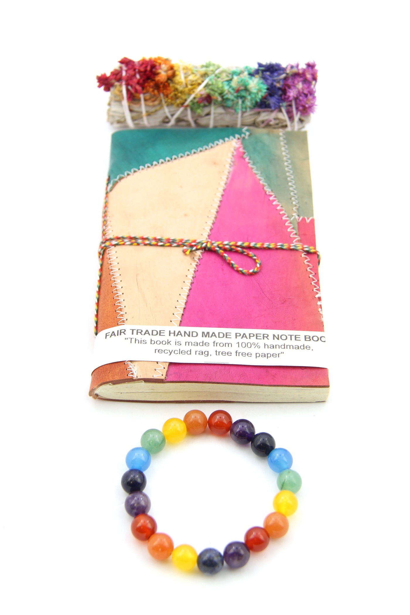 Good JuJu Gift Set: Floral Smudge Wand, Chakra Bracelet, Patchwork Leather Journal