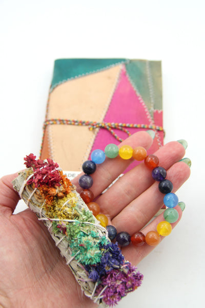 Good JuJu Gift Set: Floral Smudge Wand, Chakra Bracelet, Patchwork Leather Journal