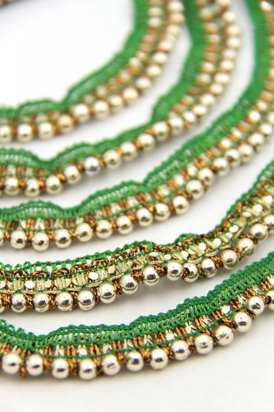 Green & Gold Beaded Fringe Trim, Traditional Indian Zari Ribbon, Boho Lace