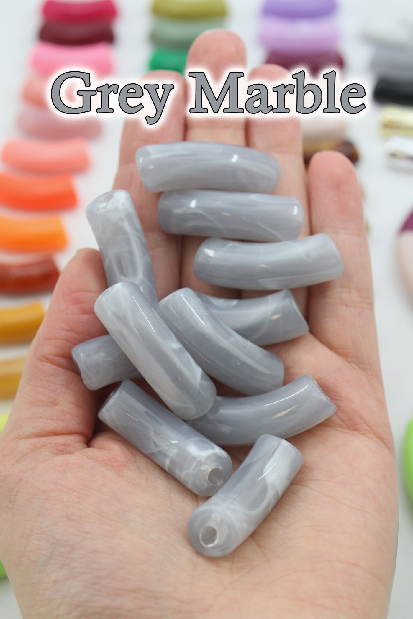 Grey Marble Acrylic Bamboo Beads, Curved Tube Beads, 12mm Colorful Bangle Beads