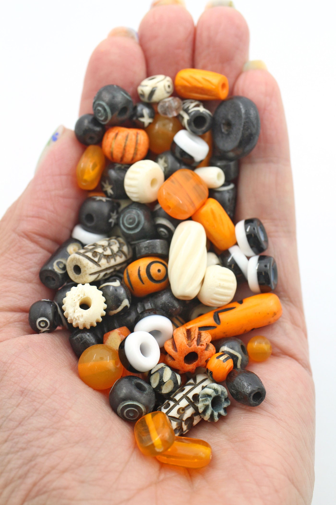 Halloween Bone & Glass Bead Grab Bag, Orange, Black, White, 95+ beads