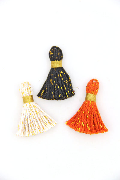 Halloween Cotton & Sparkly Tinsel Tassels, 1.25" Orange, Black Pendant for making Halloween Jewelry