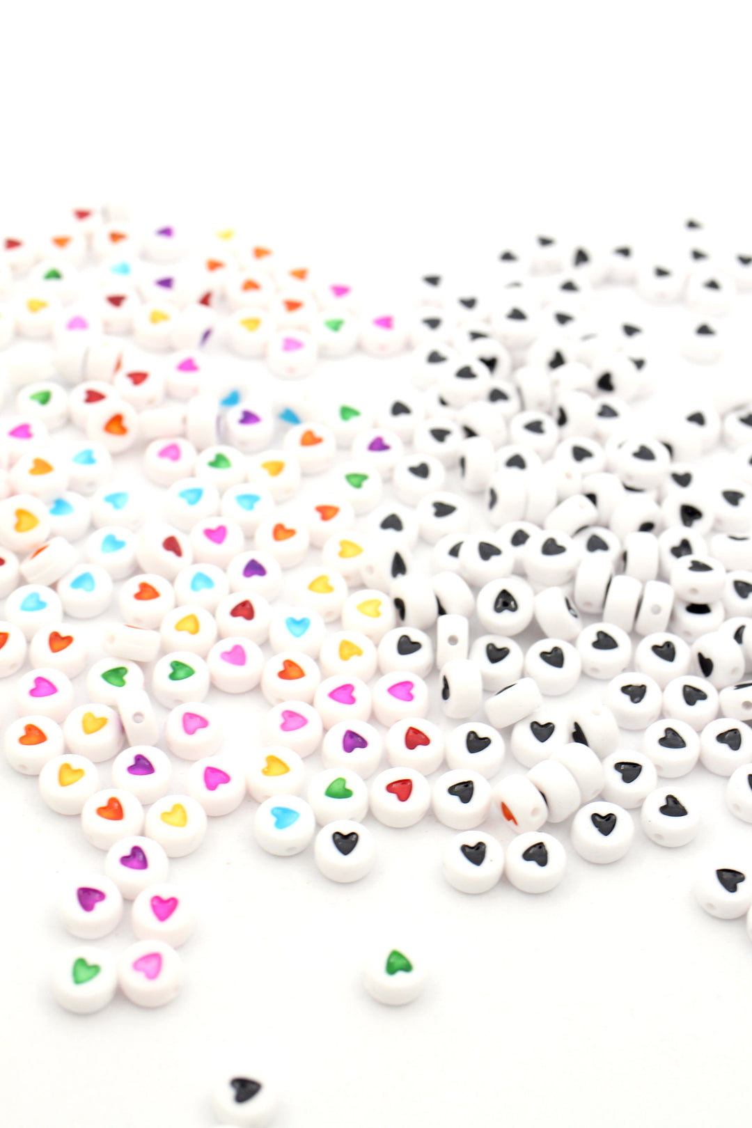 Heart Beads, White with Colors or Black, Acrylic, 7mm Round, Approx. 3