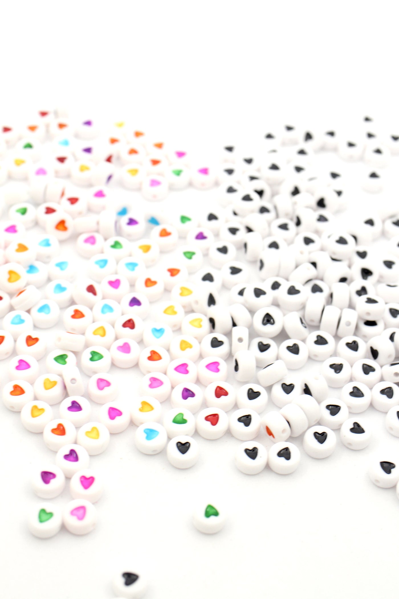 Heart Beads, White with Colors or Black, Acrylic, 7mm Round, Approx. 35 beads