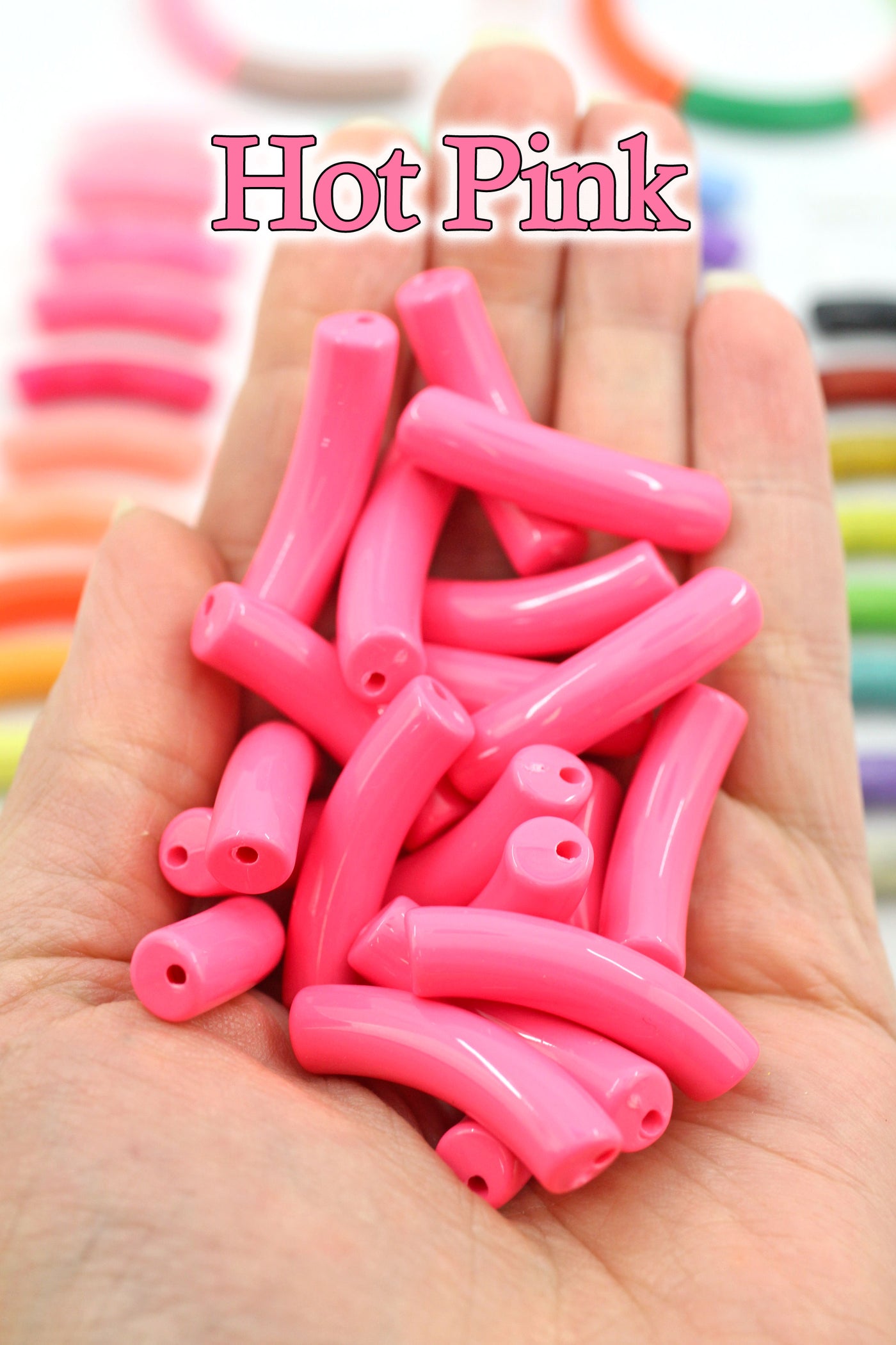 Pink Wholesale Skinny Acrylic Bamboo Beads, Curved Tube Beads, 8mm, 1 pc.