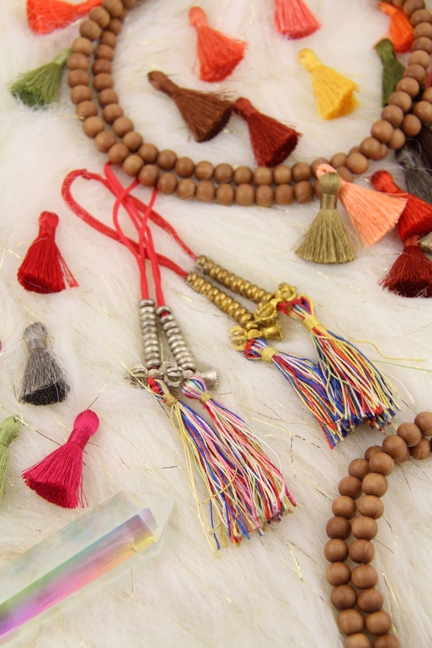 Count Your Mantras: Rainbow Tasseled Mala Counters, 2 Pieces - ShopWomanShopsWorld.com. Bone Beads, Tassels, Pom Poms, African Beads.