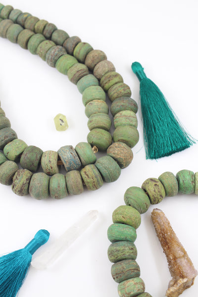 Antique Green Hebron Beads: African Glass, Graduated Strand, 48 pcs