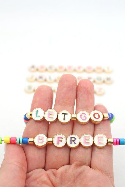 Initial Beads, Enamel Letter Beads, Round Coin Beads for Stretch Bracelets