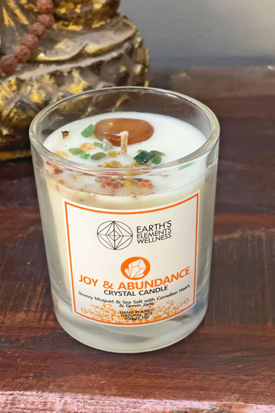 Crystal Candle for Joy & Abundance, Muguet & Sea Salt, Carnelian Heart, Green Jade