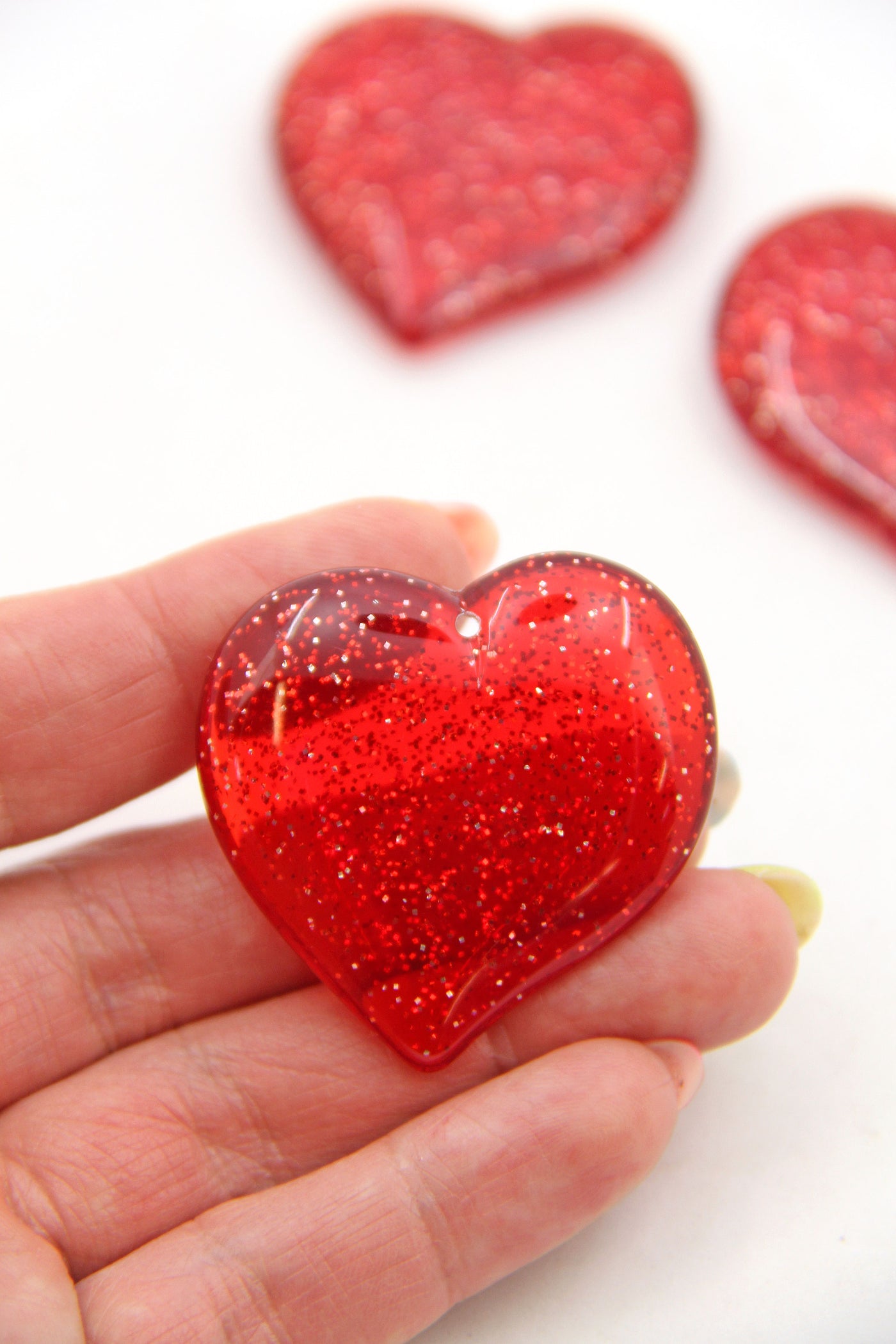 Red Glitter Heart German Resin Charm, 1.5" Pendant, 1 Piece