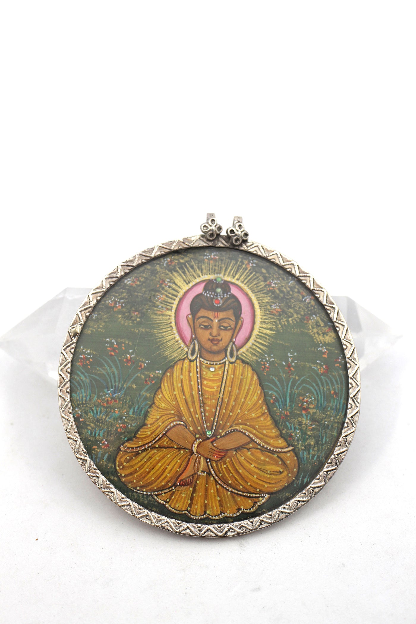 Buddha Hand Painted Indian Glass & Silver Pendant, Large Spiritual Pendant