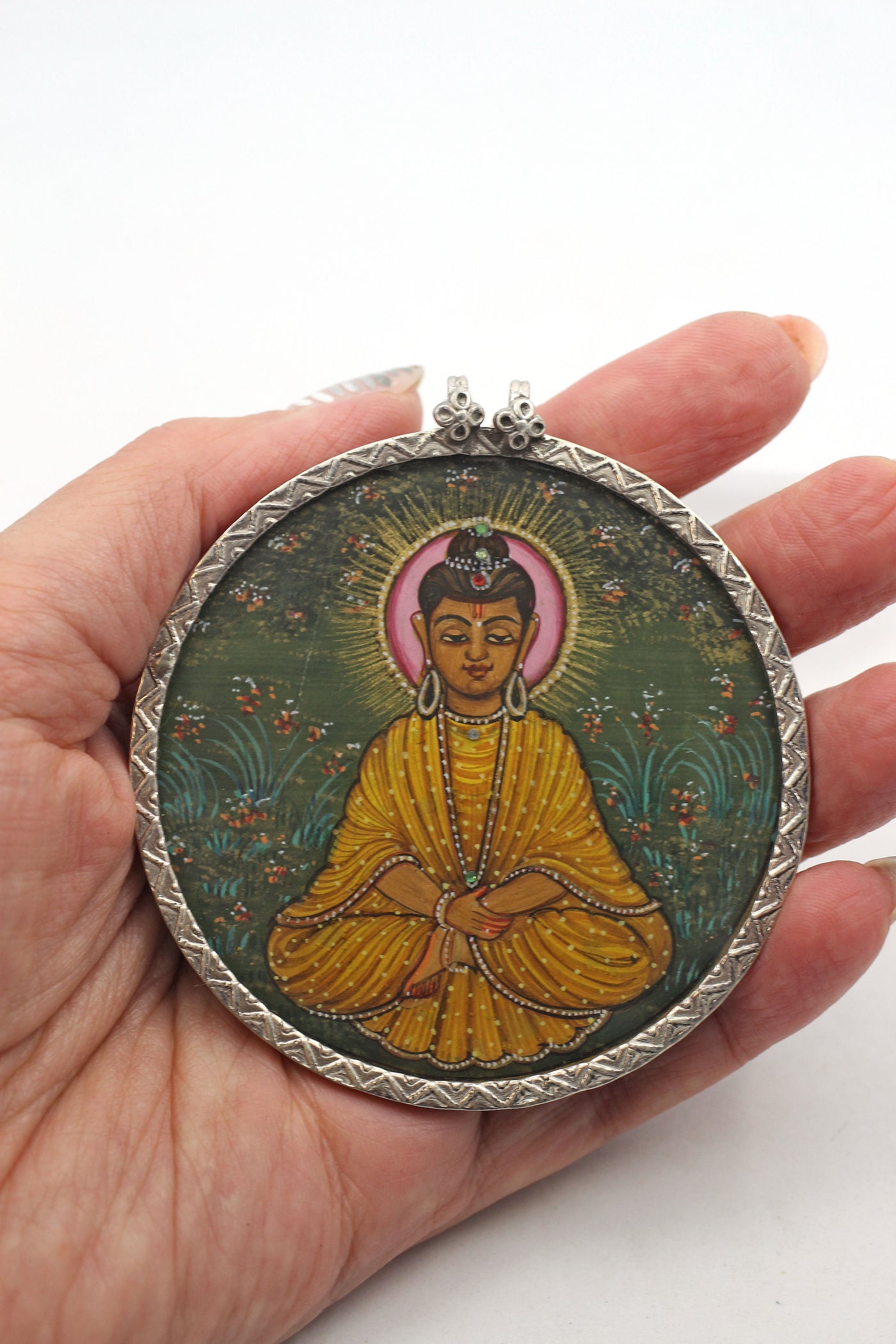 Buddha Hand Painted Indian Glass & Silver Pendant, Large Spiritual Pendant