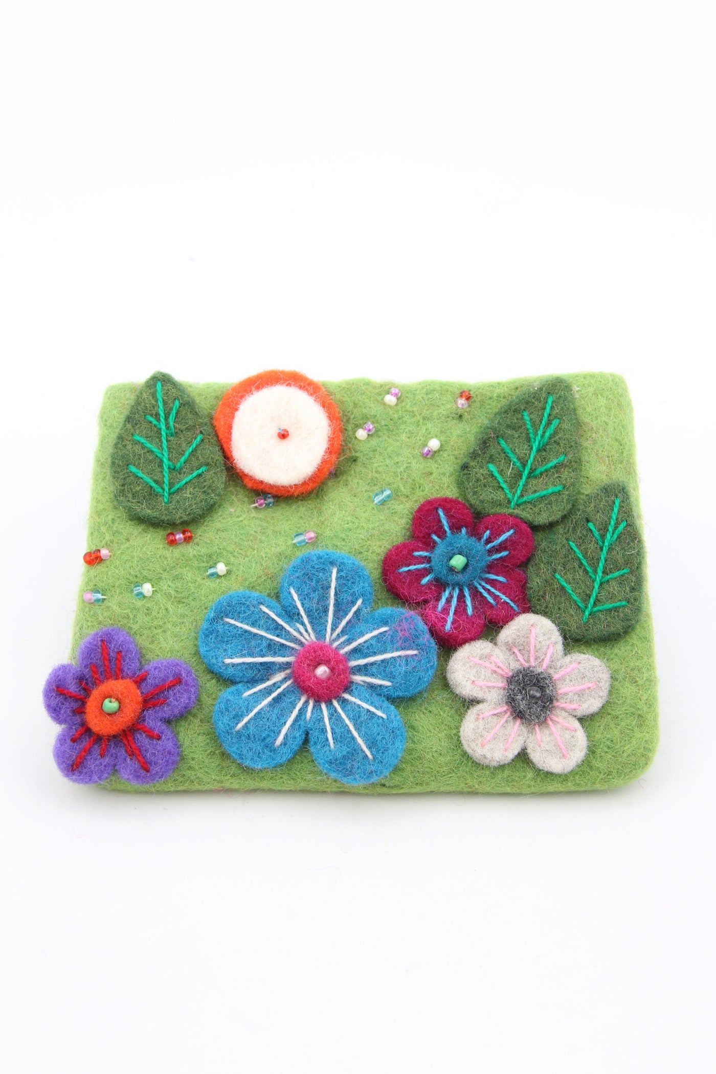 Green Floral Felted Wool Pouch, Coin Purse w/ Zipper, Fair Trade from Nepal