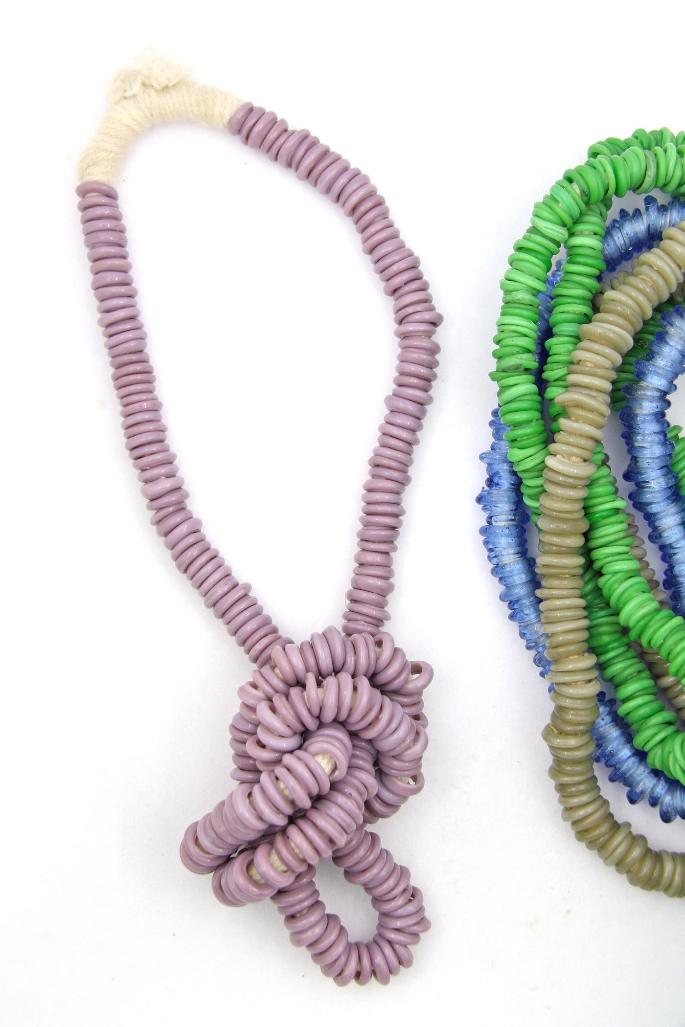 Dutch Donut African Bead Necklace, Long Knotted Bead Strand, Assorted Colors