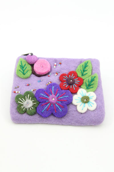 Purple Floral Felted Wool Pouch, Coin Purse w/ Zipper, Fair Trade from Nepal