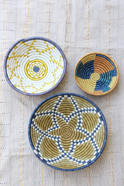 Lillian African Basket Collection, Blue, Tan, Gold, from Rwanda, Set of 3