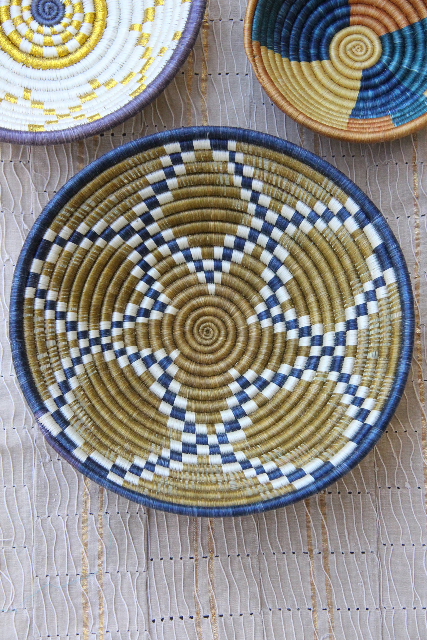 Lillian African Basket Collection, Blue, Tan, Gold, from Rwanda, Set of 3