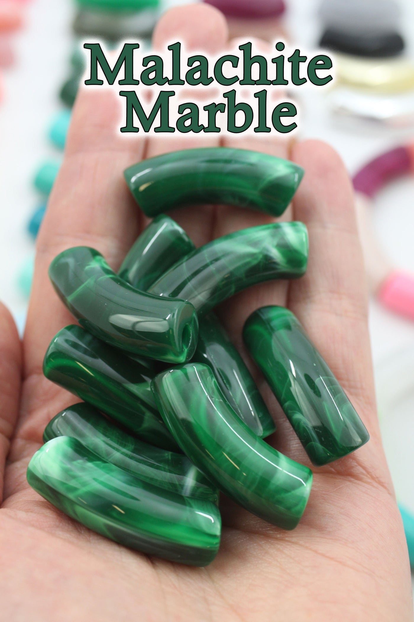 Malachite Marble Acrylic Bamboo Beads, Curved Tube Beads, 12mm Colorful Bangle Beads