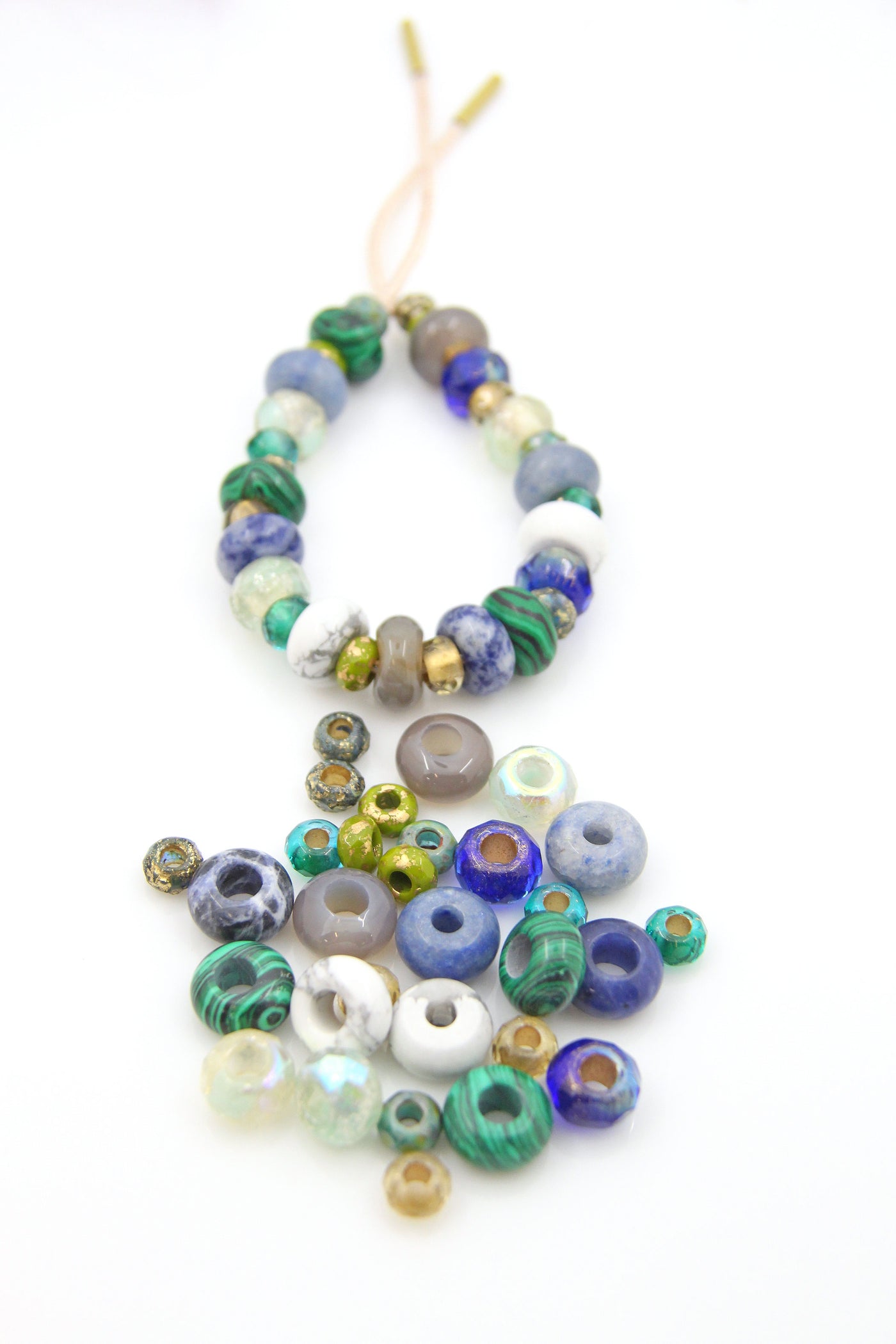 Blue, Green, Gold, faceted large hole beads for Tie On Bracelet or Necklace