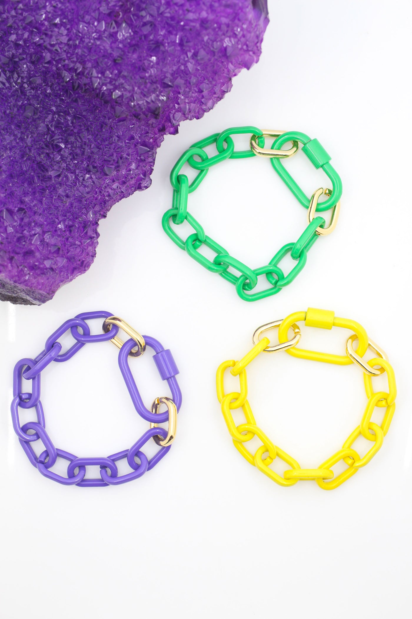 Mardi Gras Luxe Link Enamel Chain Bracelet with Carabiner Lock Clasp