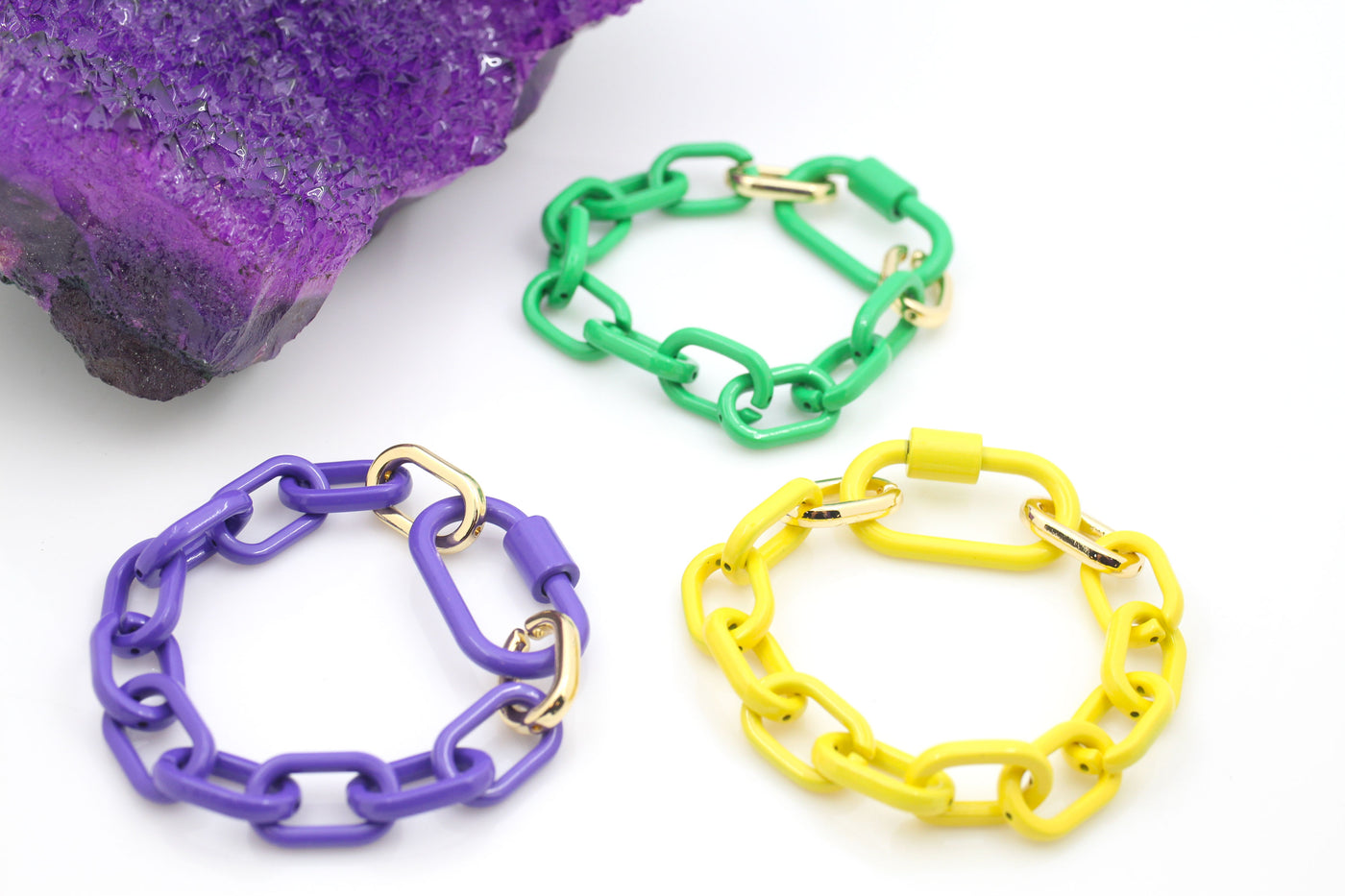 Mardi Gras Luxe Link Enamel Chain Bracelet with Carabiner Lock Clasp