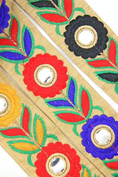 Floral, Marigold Trim Gold: Bold Colorful Retro Embroidered Trim, 2.375"x1 Yard