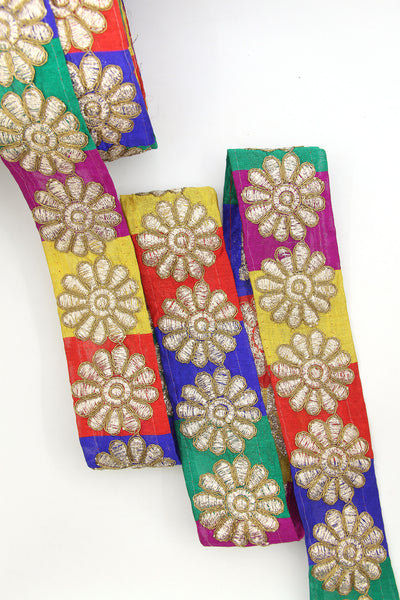 Multi Marigold with Gold: Bold Colorful Floral Embroidered Trim  Marigolds are believed to hold powerful medicinal and spiritual powers in Mexico and India