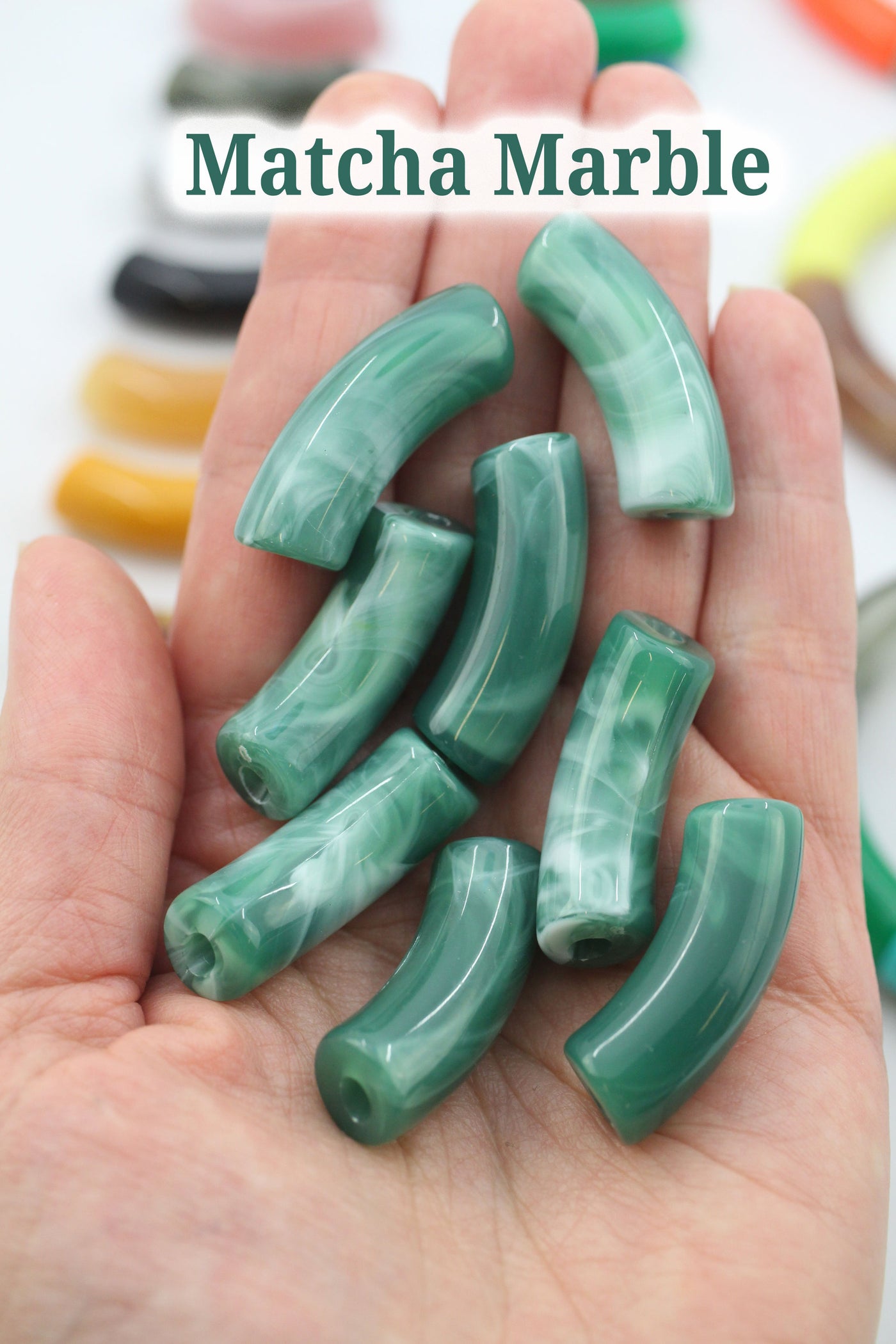 Matcha Marble Acrylic Bamboo Beads, Curved Tube Beads, 12mm Colorful Bangle Beads