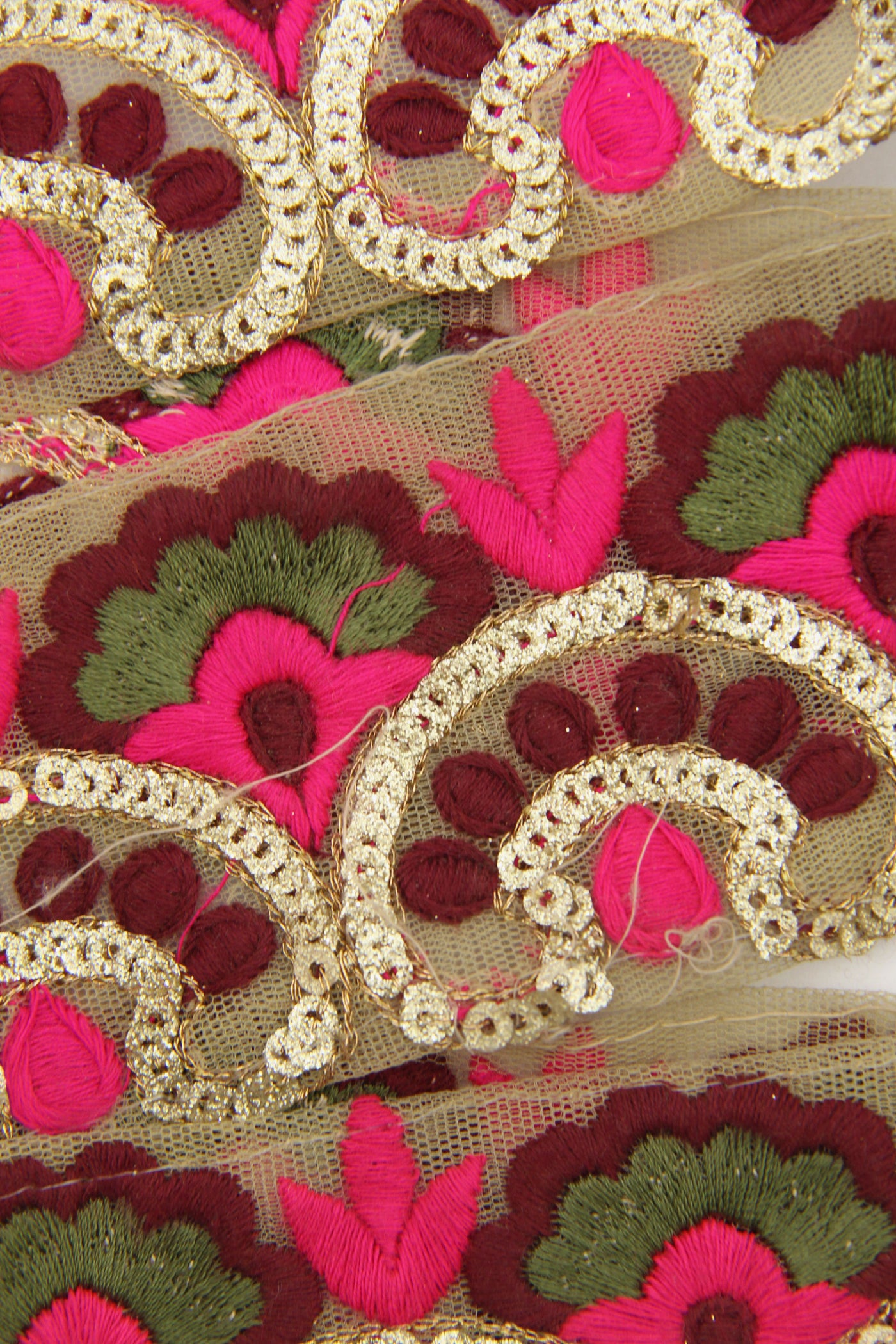 Metallic Valentine Floral Ribbon: 2.25" Tan, Gold, Burgundy Mesh Trim by the yard from India