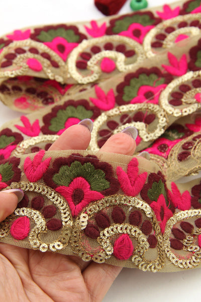 Metallic Valentine Floral Ribbon: 2.25" Tan, Gold, Burgundy Mesh Trim by the yard from India