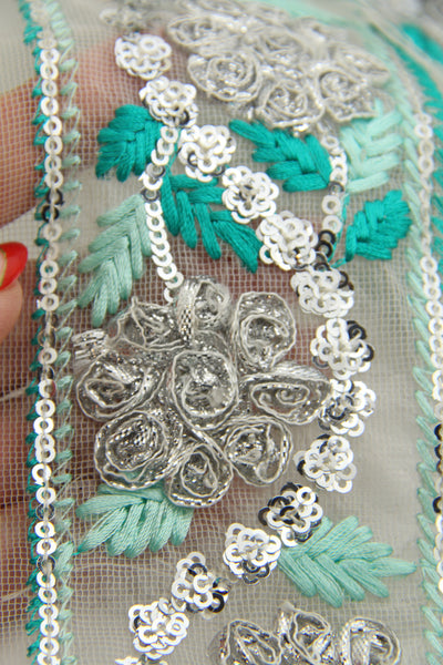 Turquoise and Silver Floral Sari Trim, Mesh Sheer Ribbon, From India