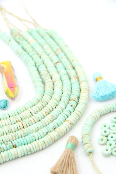 Minty Aqua Bone Spacer Beads, 8x3mm Disc Heishi, 85 beads