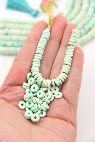 Minty Aqua Bone Spacer Beads, 8x3mm Disc Heishi, 85 beads