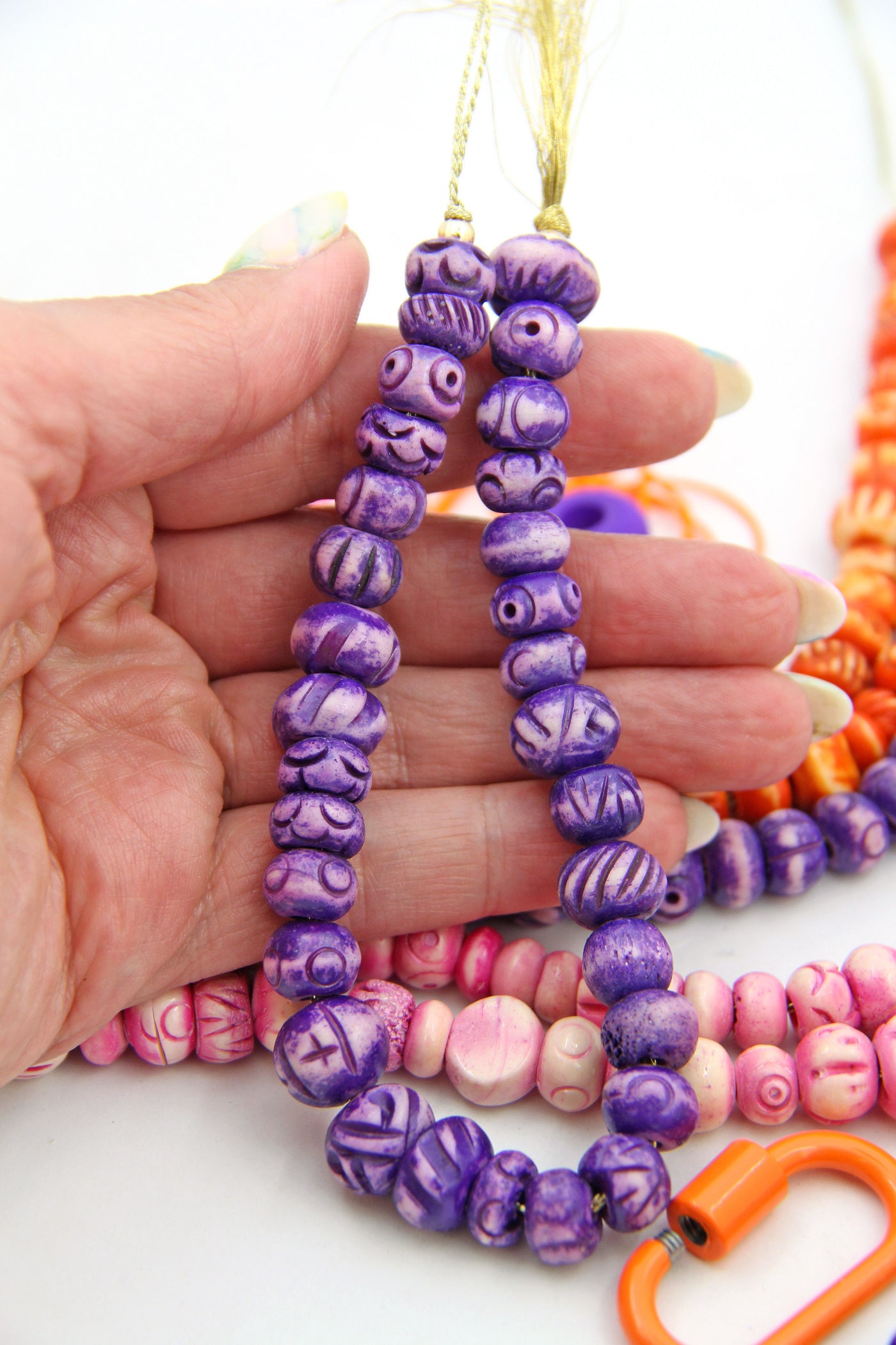 Mixed Party Bright Bone Beads: Hand Carved Assortment, Pink, Orange, Purple, 10-12mm