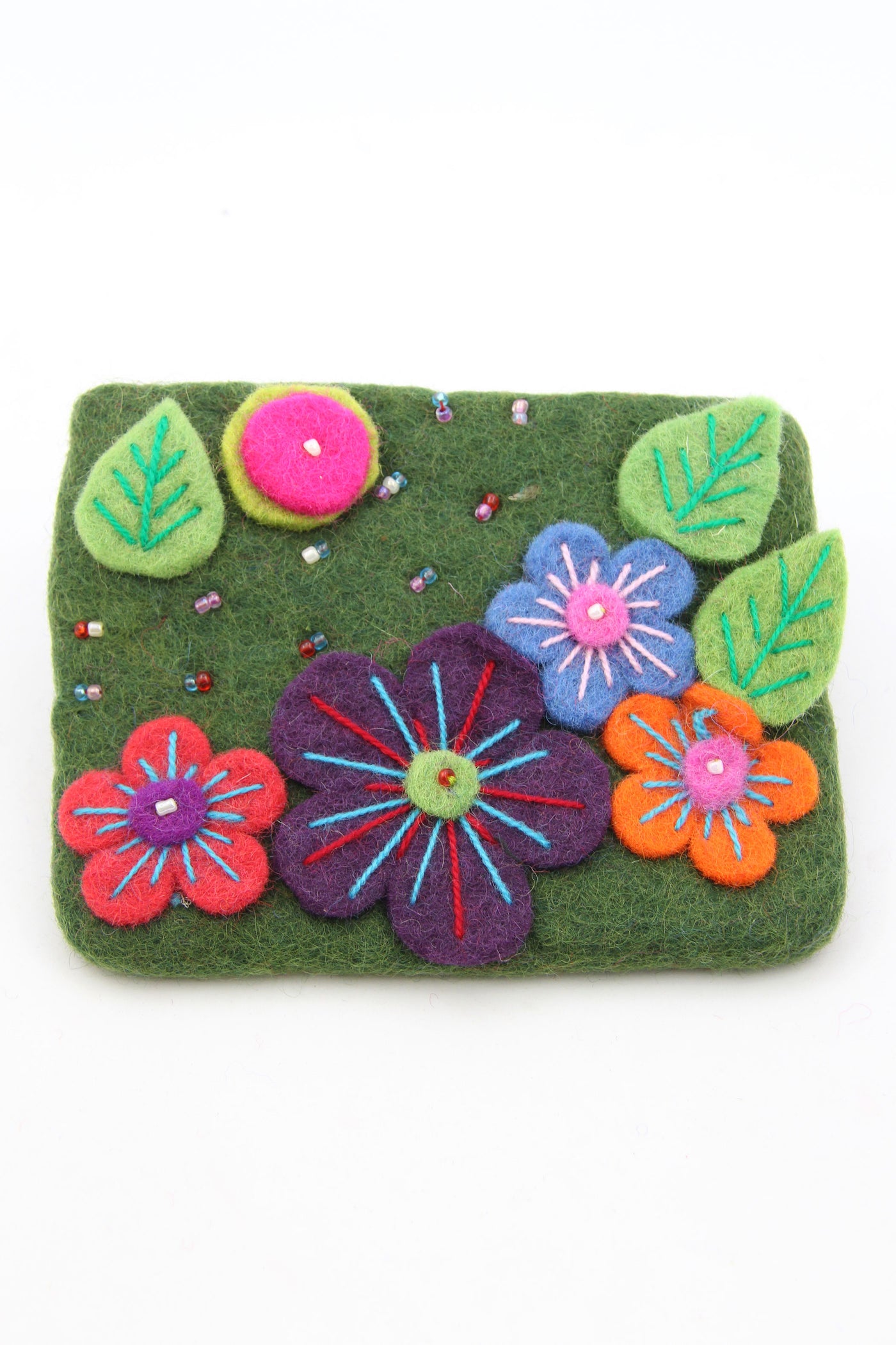 Green Floral Felted Wool Pouch, Coin Purse w/ Zipper, Fair Trade from Nepal