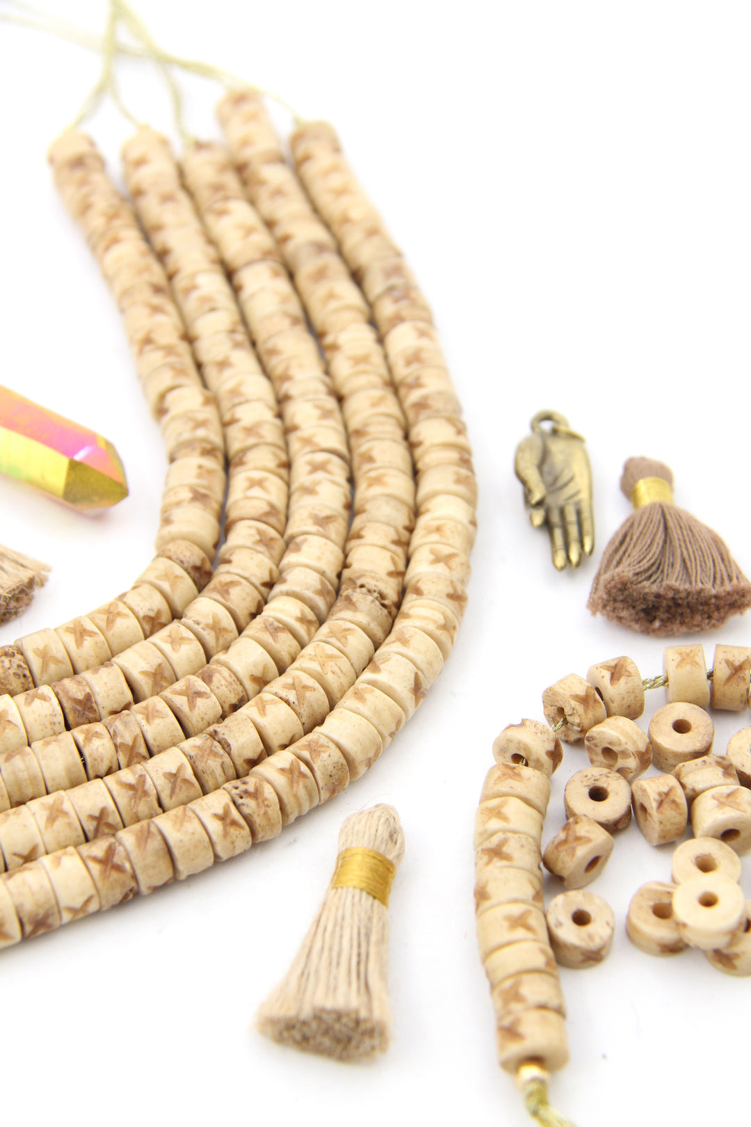 Natural Tan Carved Tribal Tube Bone Beads: 9x5mm, 39 pieces