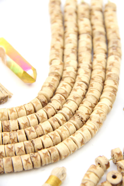 Natural Tan Carved Tribal Tube Bone Beads: 9x5mm, 39 pieces
