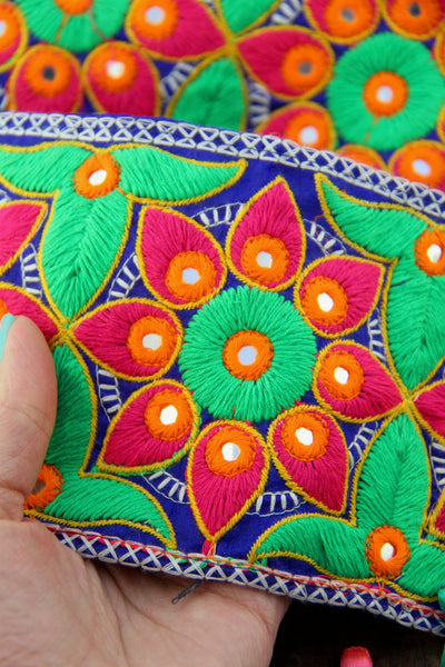 Neon Starflower: Bright Floral Embroidered Silk Trim, 4.5" wide