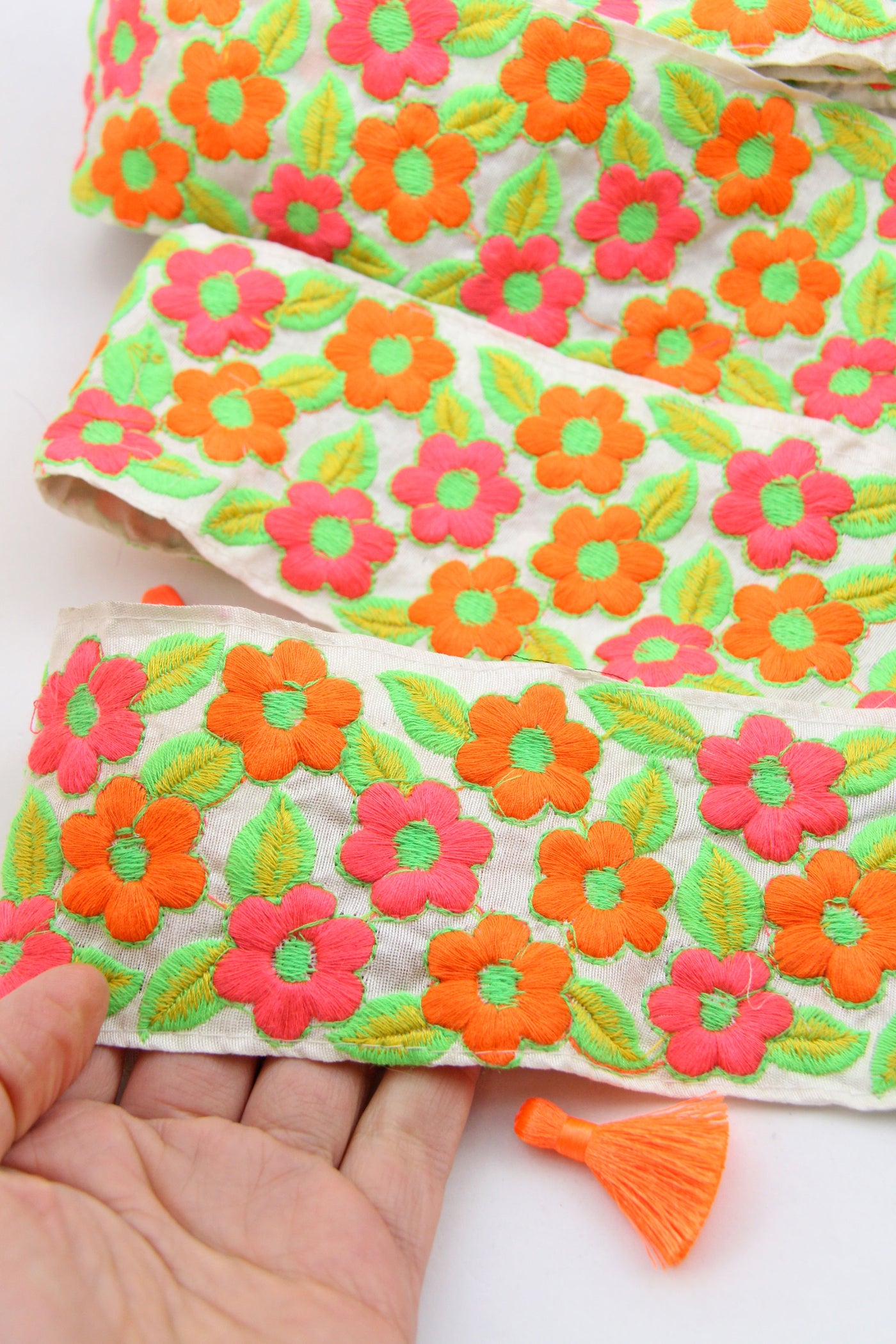 Neon Blossom: Bright Floral Embroidered Silk Trim from India, 2 7/8" wide
