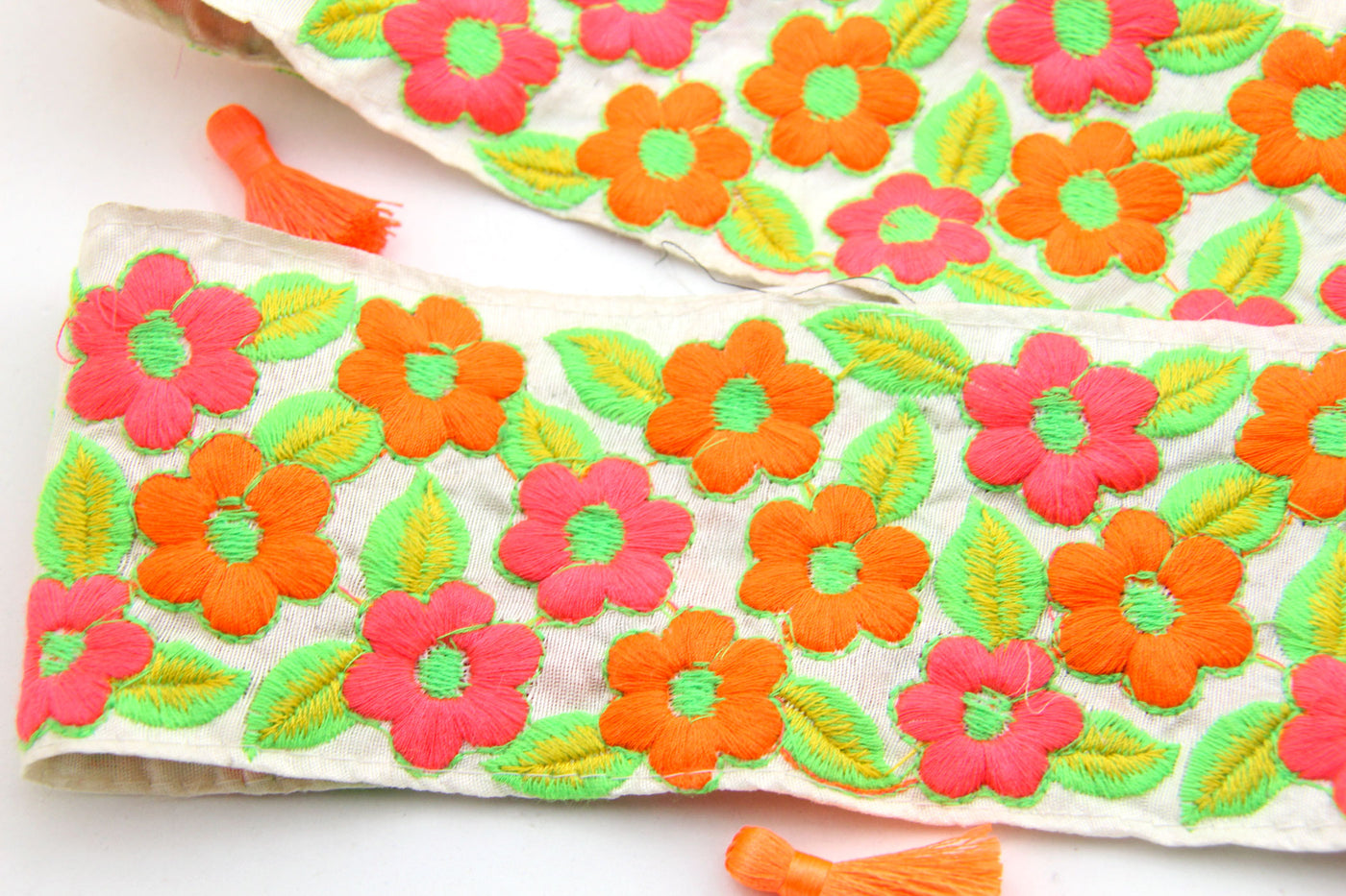 Neon Blossom: Bright Floral Embroidered Silk Trim from India, 2 7/8" wide