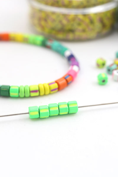 Neon Green Striped Candy Disc Enamel Heishi Beads, 4mm, for Stretch Bracelets
