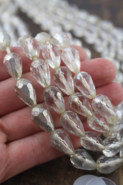 Vintage Czech Faceted Crystal Teardrop Beads, 10x15mm, 34 beads