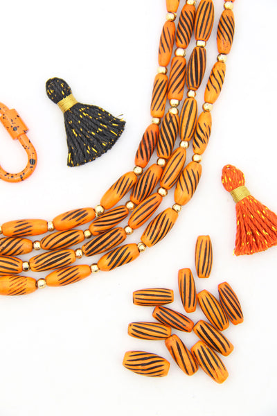 Orange & Black Barrel: Hand Carved Bone Beads, 7x17mm, 11 Pieces, for DIY Halloween accessories