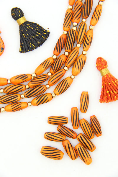 Orange & Black Barrel: Hand Carved Bone Beads, 7x17mm, 11 Pieces
