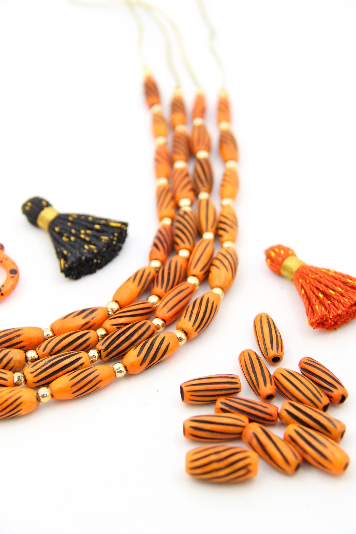 Orange & Black Barrel: Hand Carved Bone Beads, 7x17mm, 11 Pieces, for DIY Halloween Jewelry