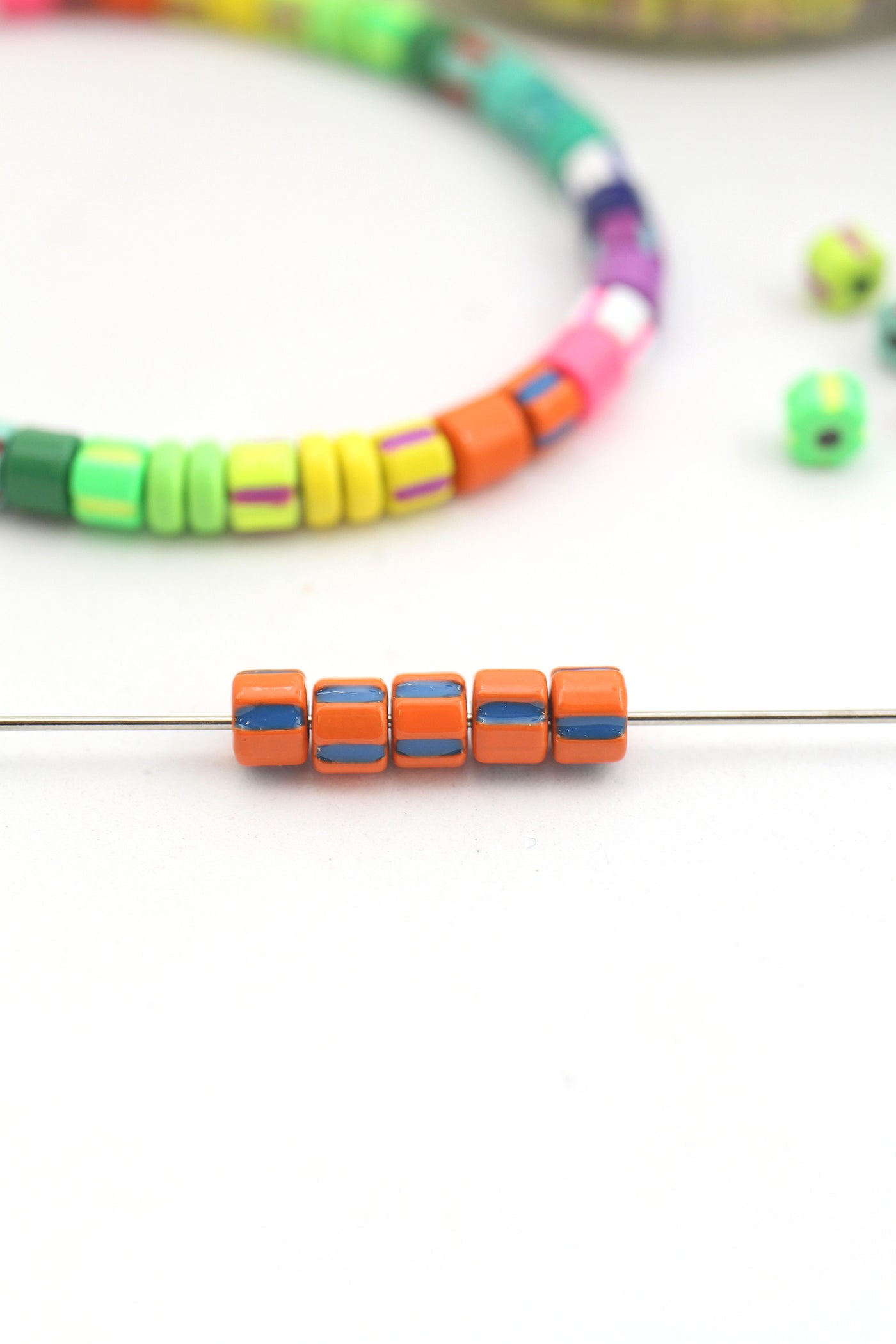 Orange Blue Striped Candy Disc Enamel Heishi Beads, 4mm, for Stretch Bracelets
