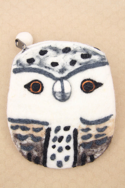 Owl Felted Wool Pouch, Coin Purse w/ Zipper, Fair Trade from Nepal