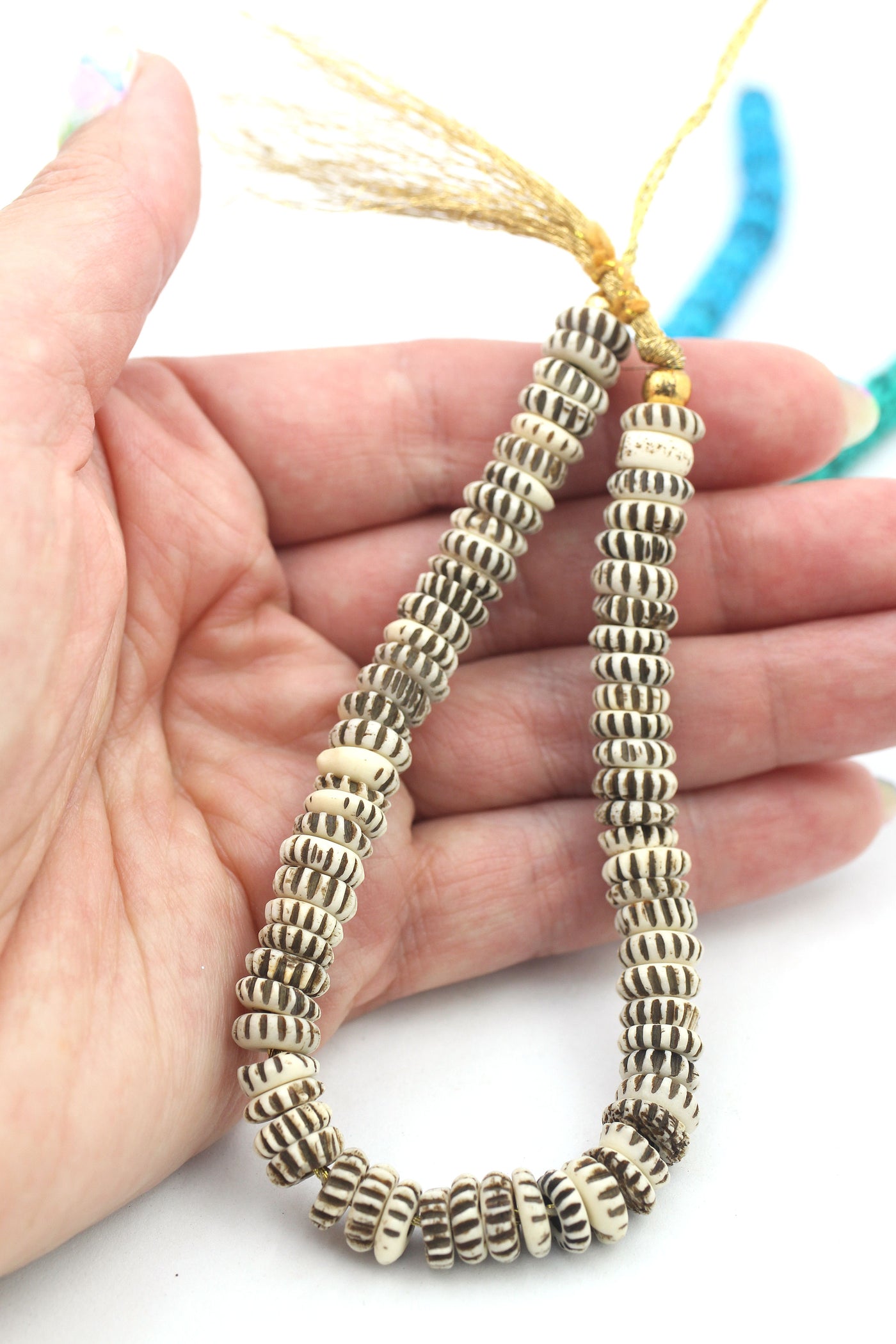 Ocean Wave Carved Bone Beads, 8mm, Boho Spacers, Saucer Rondelles