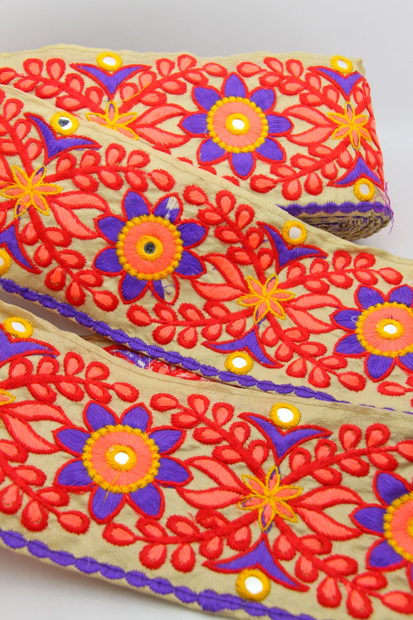 Passion Flower Embroidered Trim: Multi-Colored, Tan Silk Ribbon